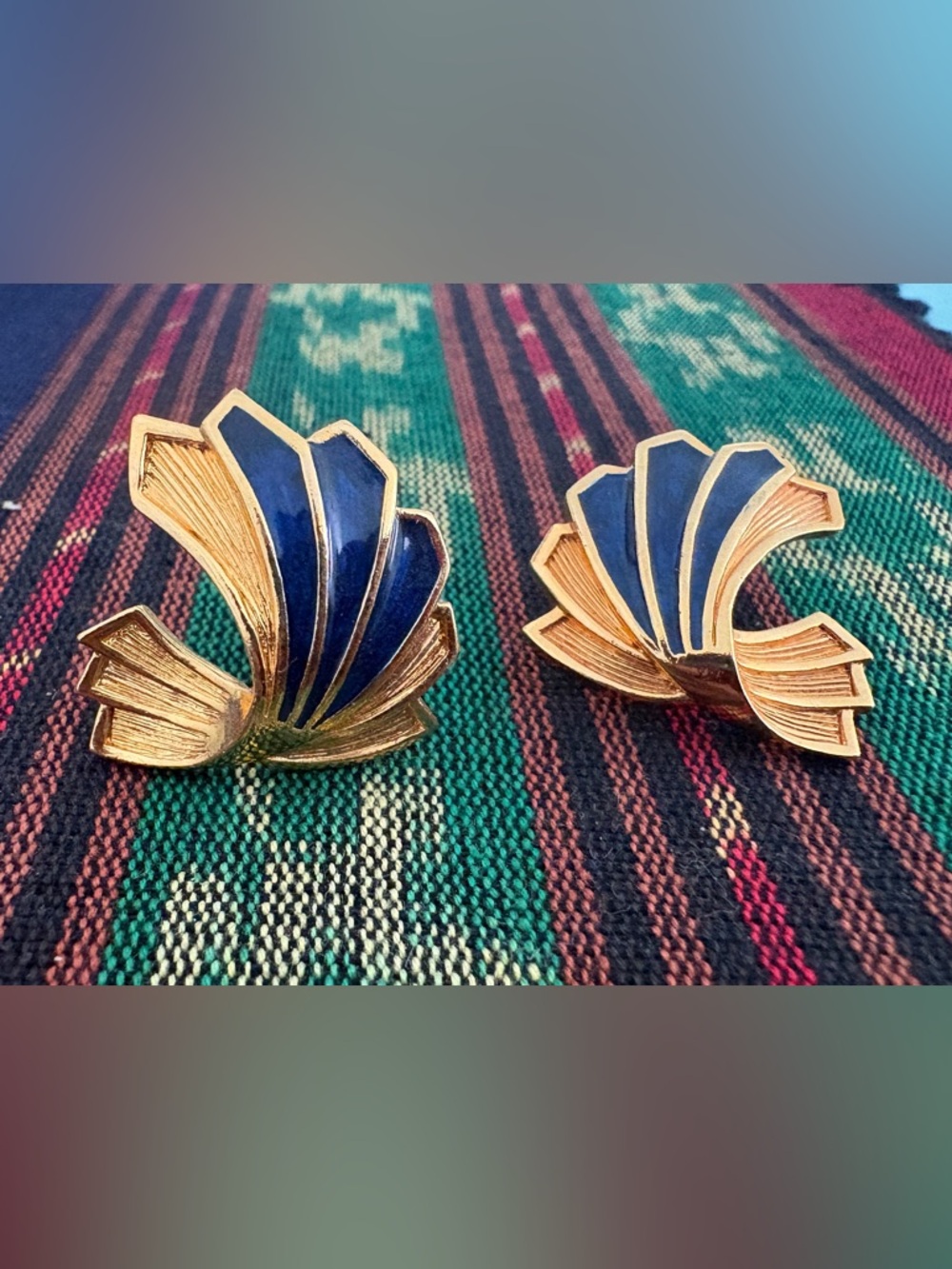 Gold-Tone Blue Enamel Fan Clip-On Earrings - Women Jewelry